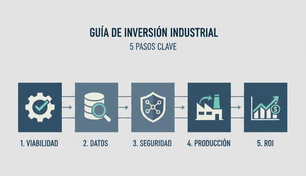 Infografía horizontal con los cinco bloques clave del checklist de viabilidad y control de riesgos para invertir en IA.