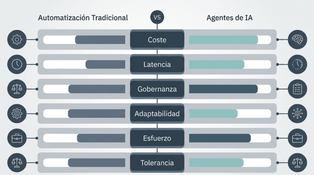 Comparativa técnica de coste, latencia y gobernanza entre automatización tradicional y agentes de IA para decisiones de CTO.