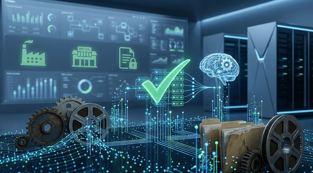 Visualización conceptual de la preparación de datos empresariales para IA: una red de nodos de datos organizados con un checkmark verde central en un entorno de centro de datos moderno.