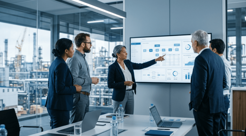 Directivos analizando datos de viabilidad en una pantalla para planificar un proyecto industrial de inteligencia.