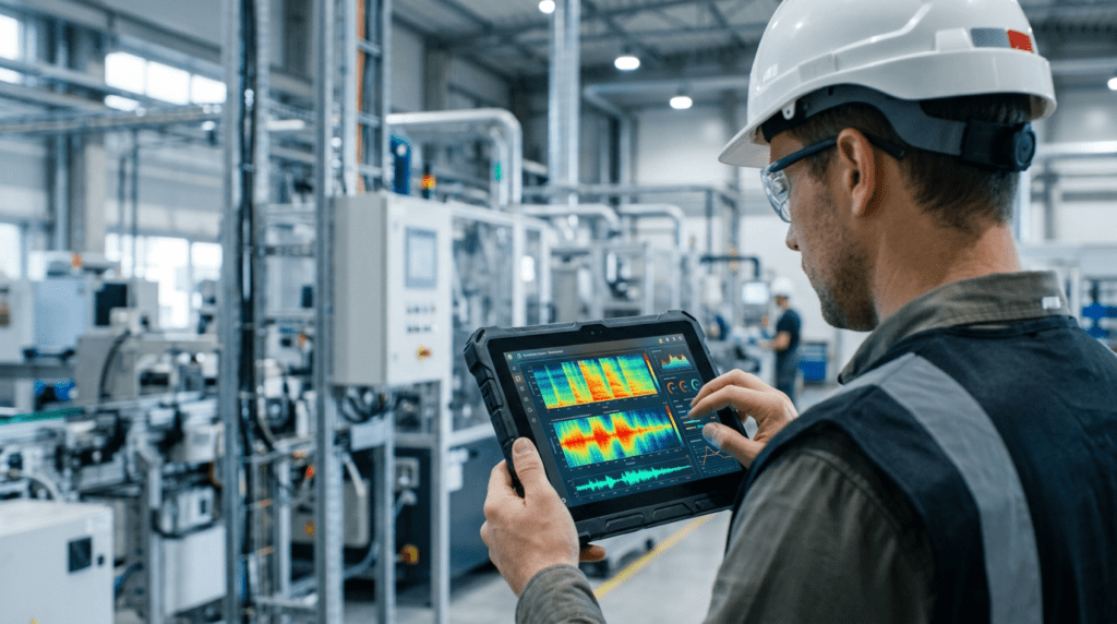 Operario industrial analiza un espectrograma de anomalías acústicas en una tablet para validar un diagnóstico.
