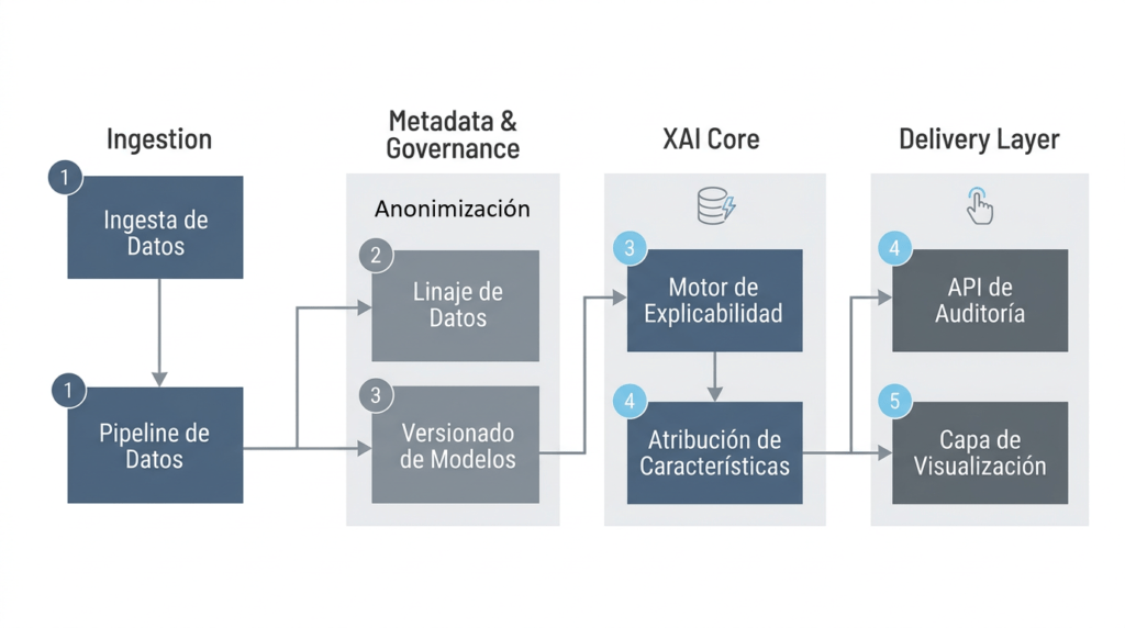 Esquema de arquitectura de datos para IA explicable, desde la ingesta de datos hasta la capa de visualización y auditoría.