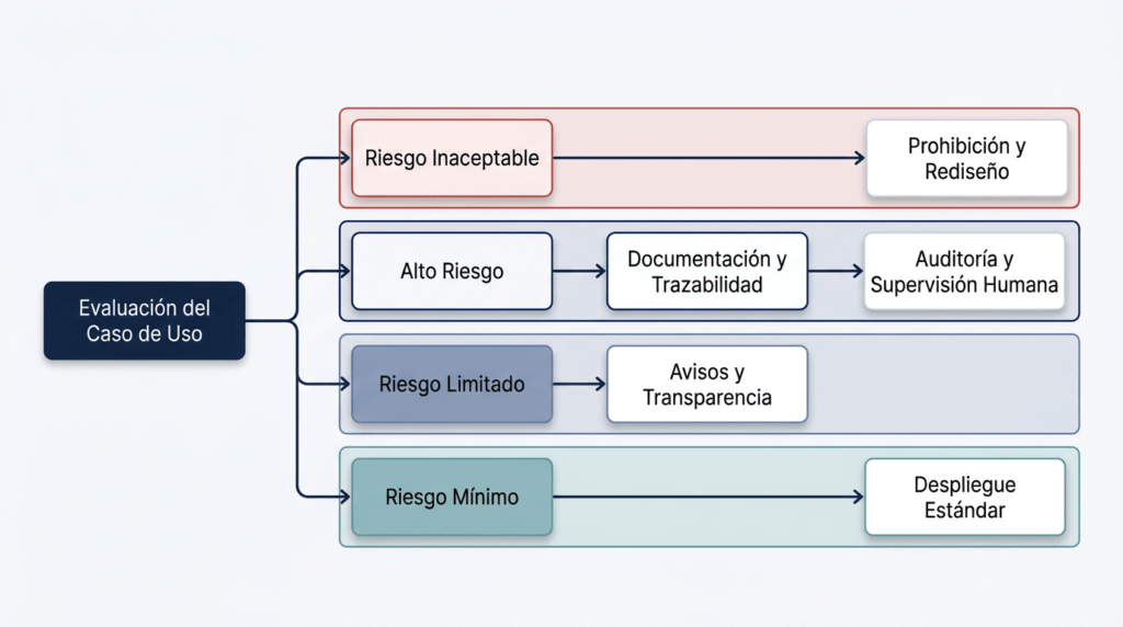 Diagrama de flujo de decisión técnica para clasificar proyectos de inteligencia artificial según su nivel de riesgo.