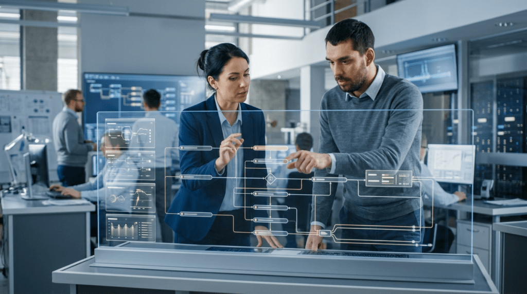 Ingenieros analizan flujos de datos transparentes y auditables en una sala de control industrial moderna. — IA explicable.