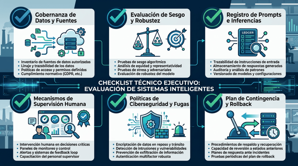 Infografía con checklist técnico y de gobierno previo al despliegue de soluciones industriales de IA.