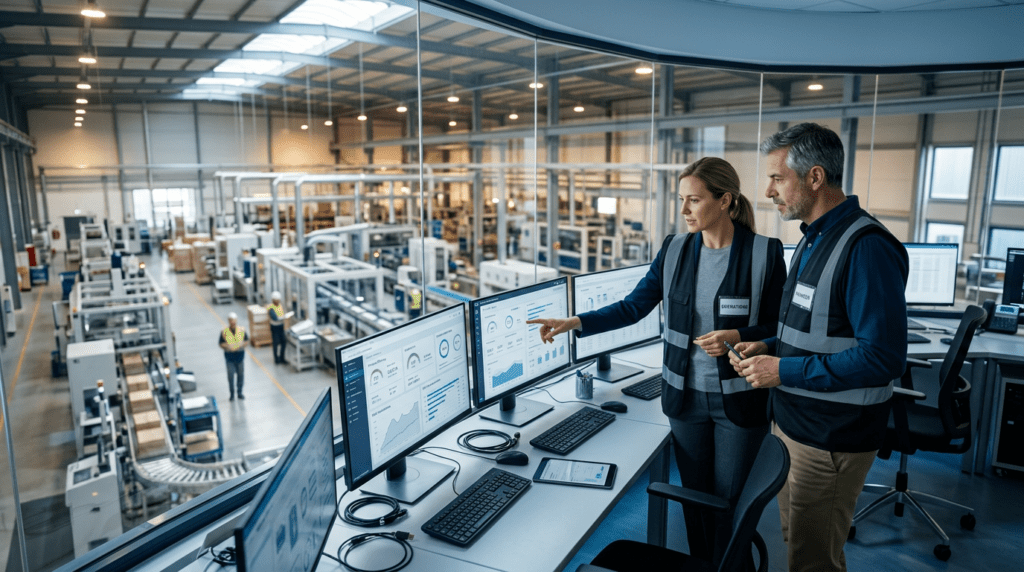 Directores de operaciones analizan métricas de rendimiento y trazabilidad en una planta industrial moderna.